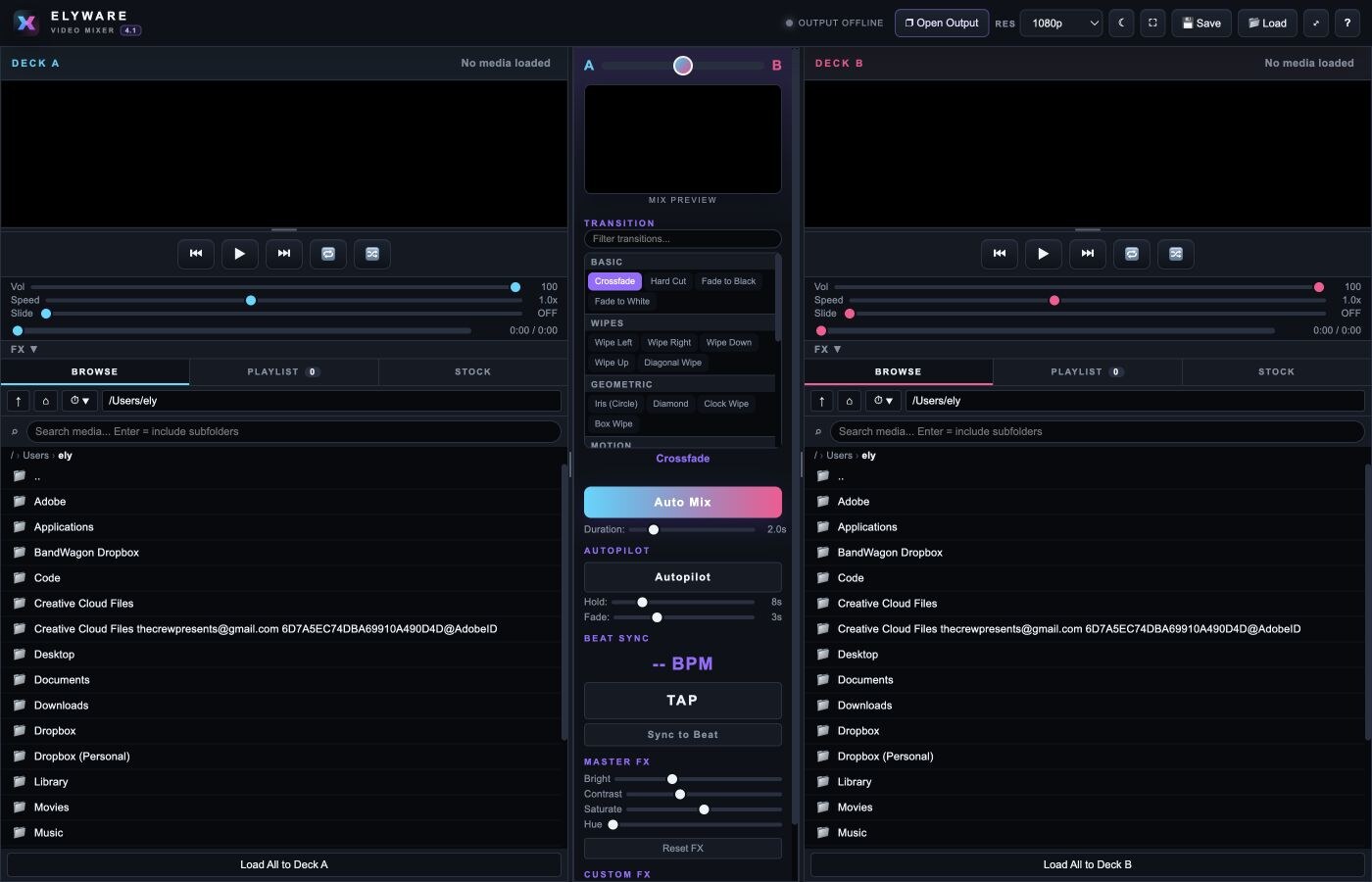ELYWARE Video Mixer v4.1 showing two video decks, stock tabs, transition controls and a crossfader